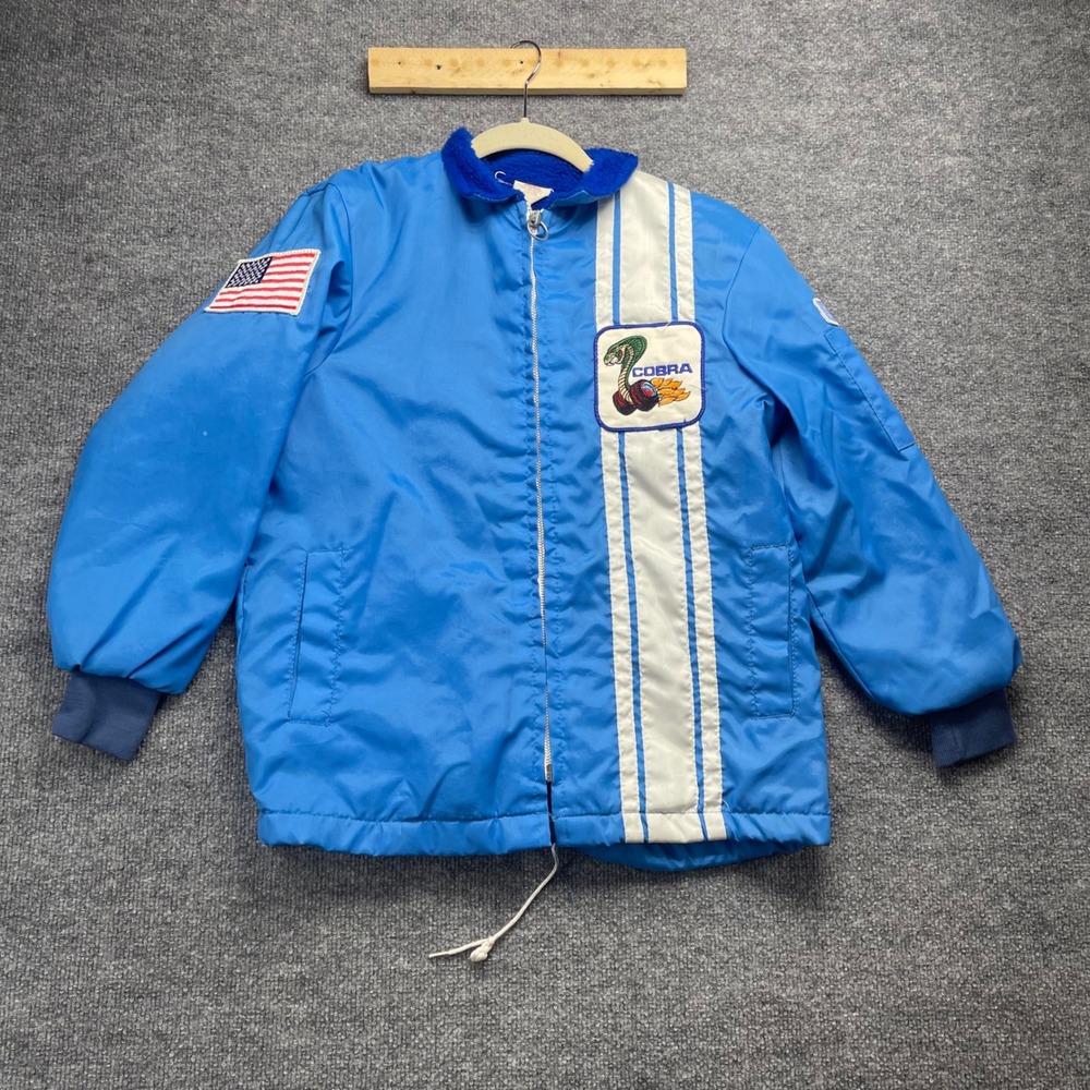 Vintage Ford Cobra Racing Jacket Blue Nylon White Stripe Men Size 16 Small